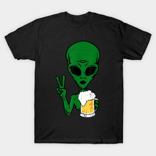 Area51 Alien Beer Peace Sign Lazy Drinking Halloween Gift T-Shirt by nellieuyangela